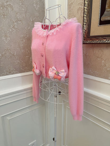 Sweetheart Princess Pink Melody Heart Buttons Plush Knit Sweater Cardigan