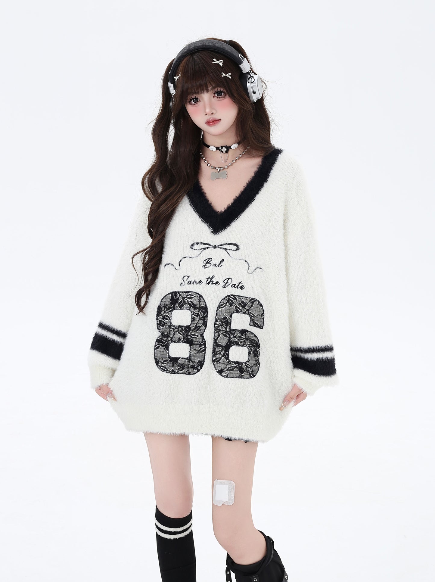 Crazy Girl 86 Pink Black Blue White Fuzzy Sweater