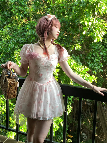 Picnic Girl Floral Pink Flower Chiffon Puff Sleeve Dress