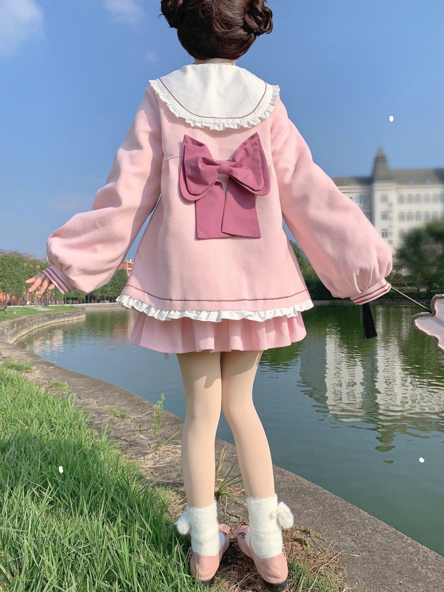 Lace Sailor Collar Lolita Black & Pink Winter Big Bow Woolen Coat Jacket