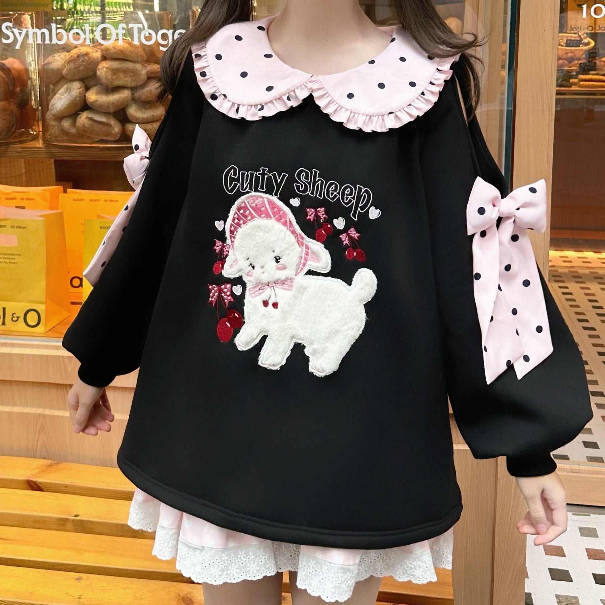 Cherry Sheep Embroidery Black Polka Dot Pink Bow Sweatshirt