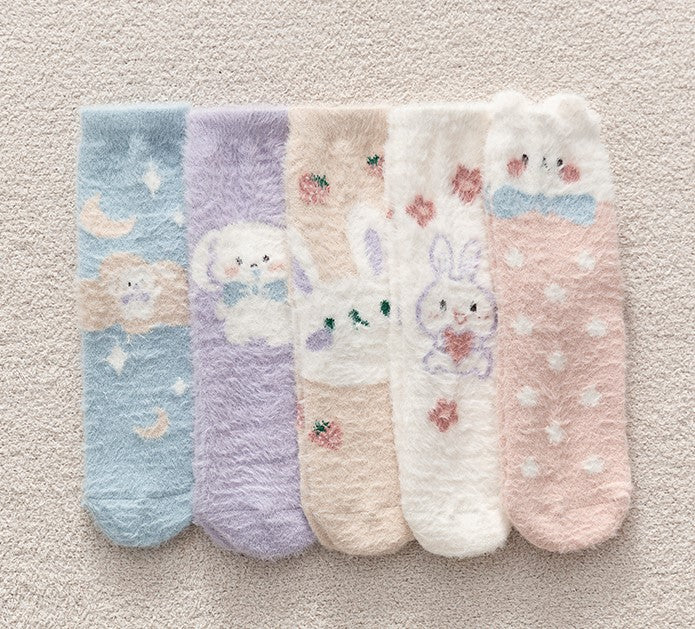 Faux Mink Velvet Cute Rabbit Pastel Winter Socks 5 Patterns Pairs Sets