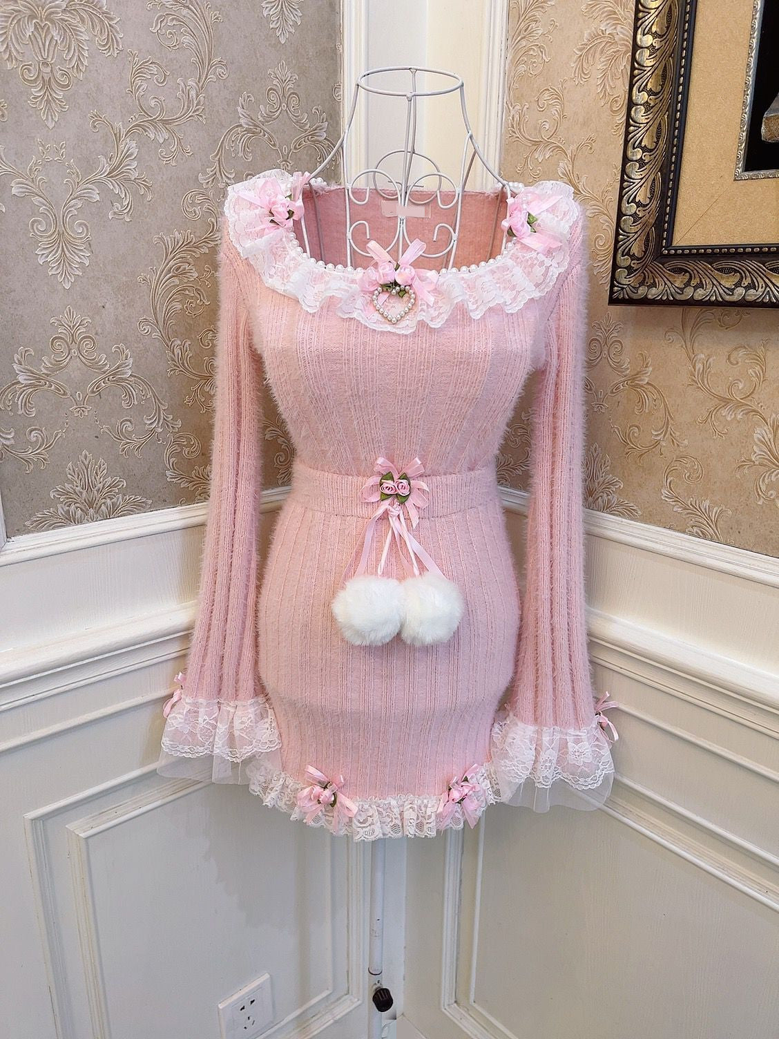 Sweetheart Princess Rose Lace Pink Knit Sweater & Mini Skirt Two Piece Set