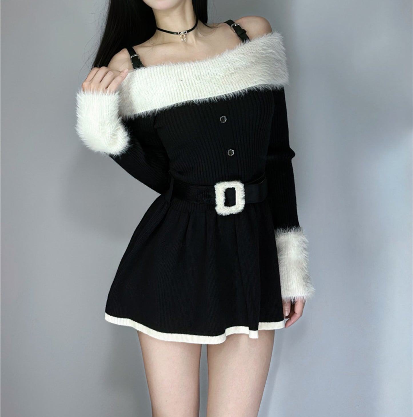 Off Shoulder Autumn Winter Luxury Chic Knit Black White Dress