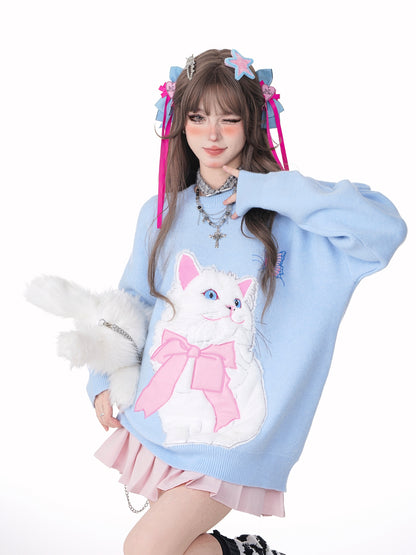 Young Eyes Cat With Bow Print Pullover Knitted Embroidery Oversize Sweater