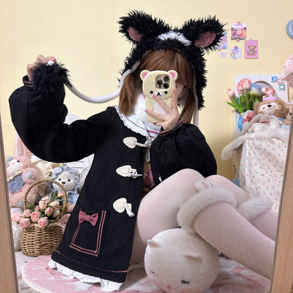 Lace Sailor Collar Lolita Black & Pink Winter Big Bow Woolen Coat Jacket