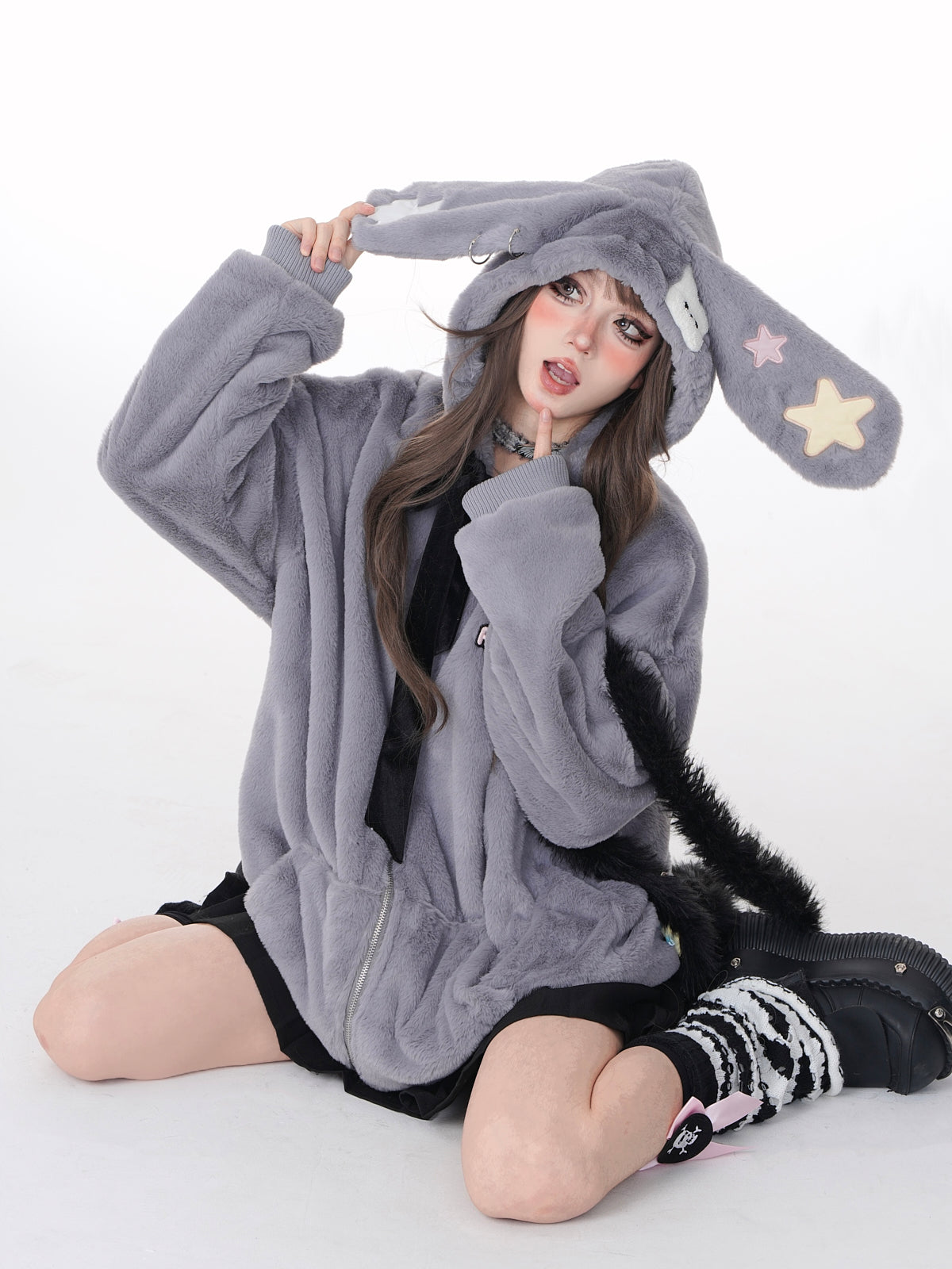 Young Eyes Black Gray Rabbit Ears Plush Autumn Winter Hoodie Jacket