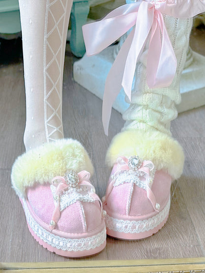 Pinky Winter Cute Sweet Princess White Pink Fur Slippers Shoes