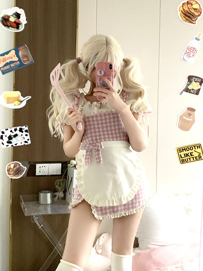 Serendipity Coquette Sweet Girl Cream Puff Sleeve Shirt & Plaid Pink Suspender Strap Dress Apron Maid Two Piece Set