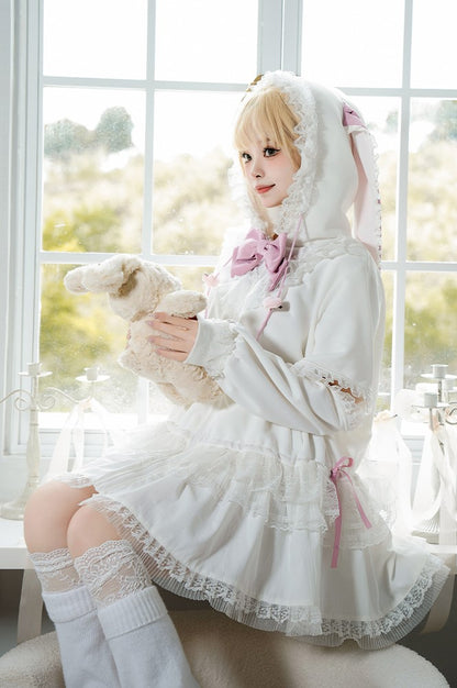 Universal Lolita Daydream Sweet Pink White Rabbit Ear Lolita Hooded Coat Dress