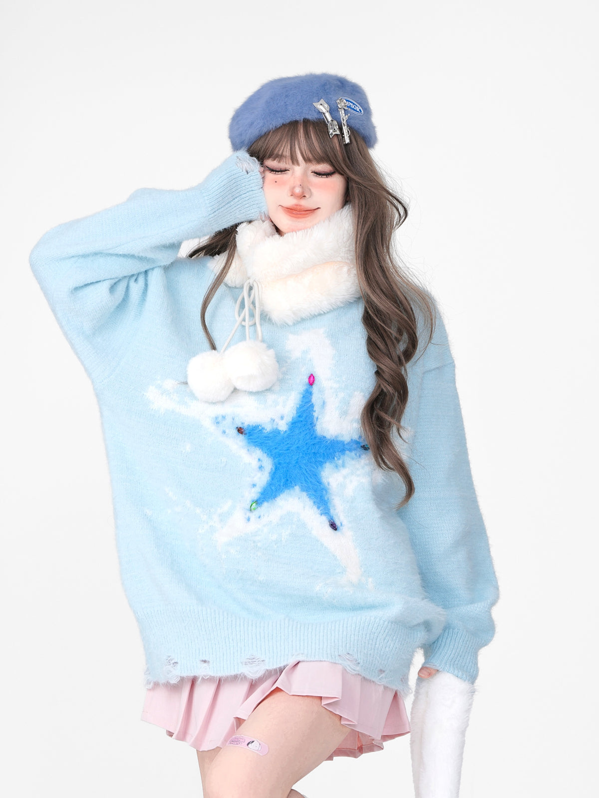 Young Eyes Star Pink Blue Autumn Winter Round Neck Pullover Sweater