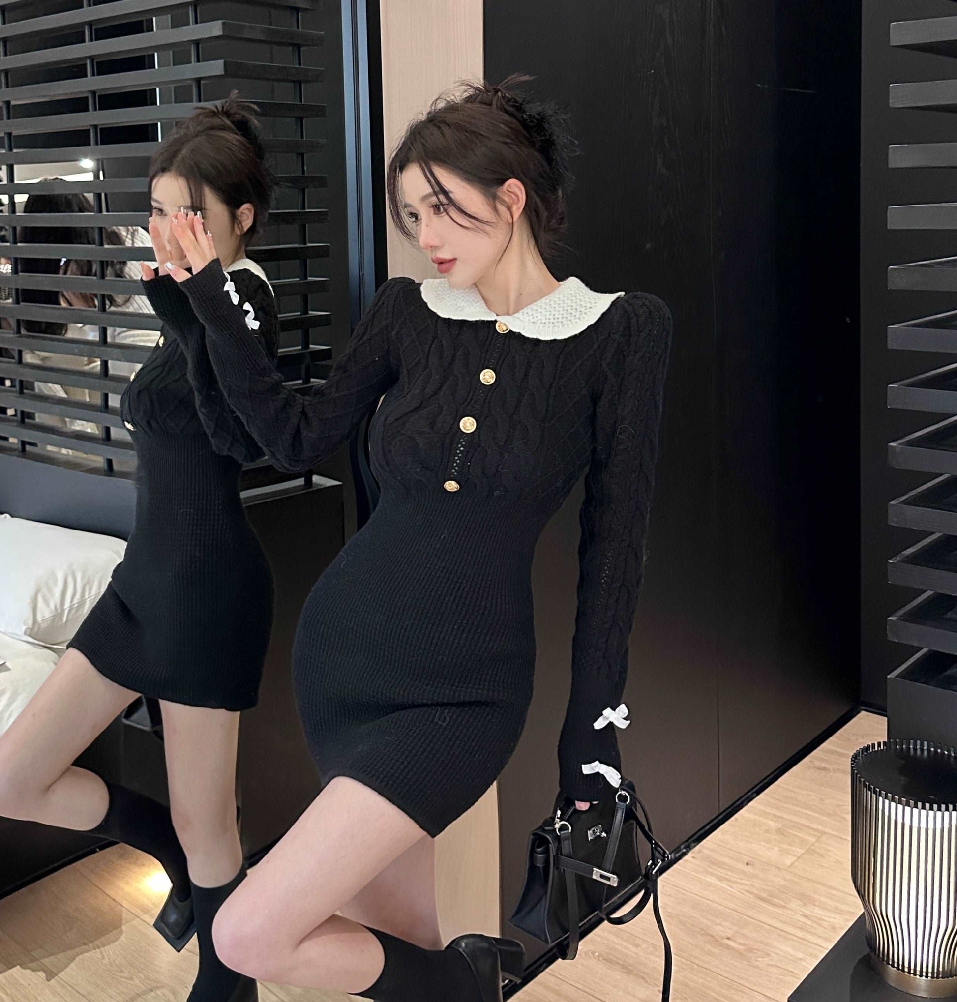 Bow Ribbon Classy Fit Autumn Winter Pink Black Knit Dress