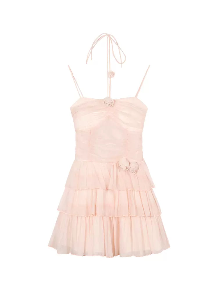 Acacia Fairy Pink Rose Summer Halter Neck Strap Dress