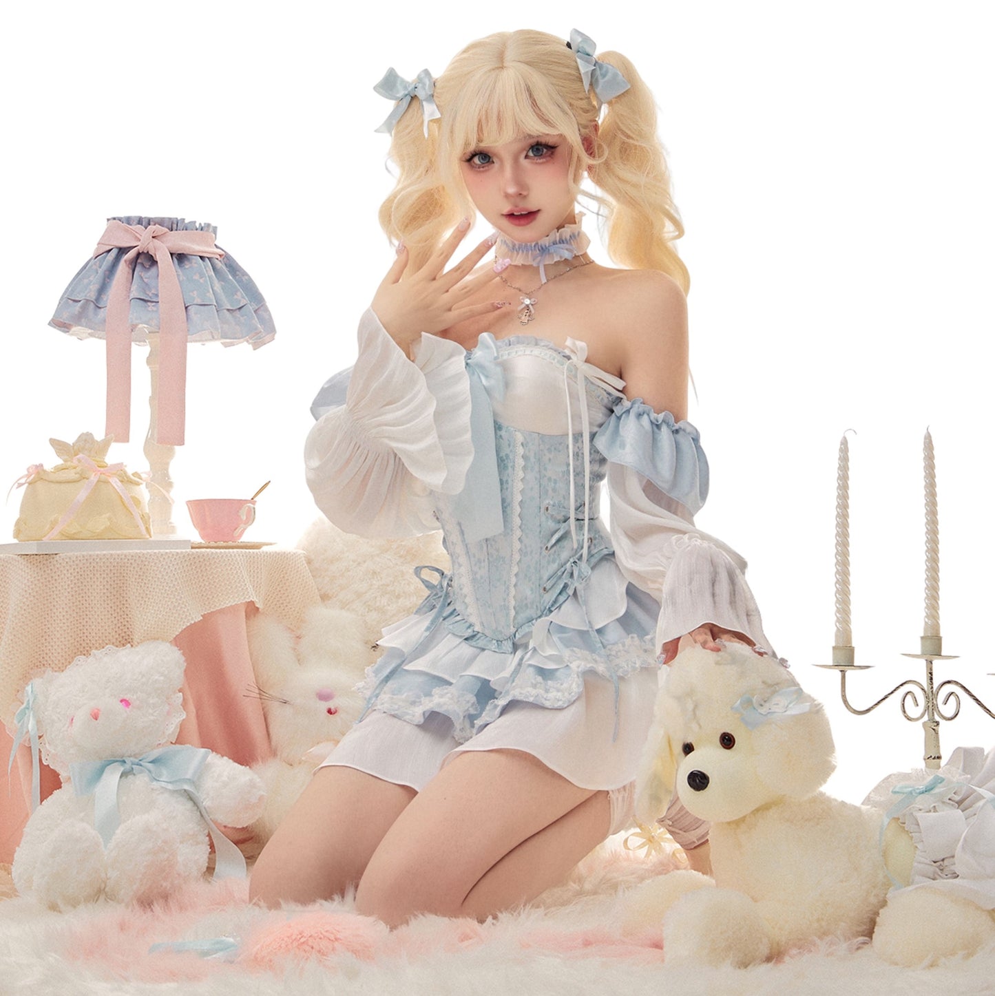 Serendipity Sweet Coquette Princess Blue & White Dress Long Sleeves Girdle Two Piece Set