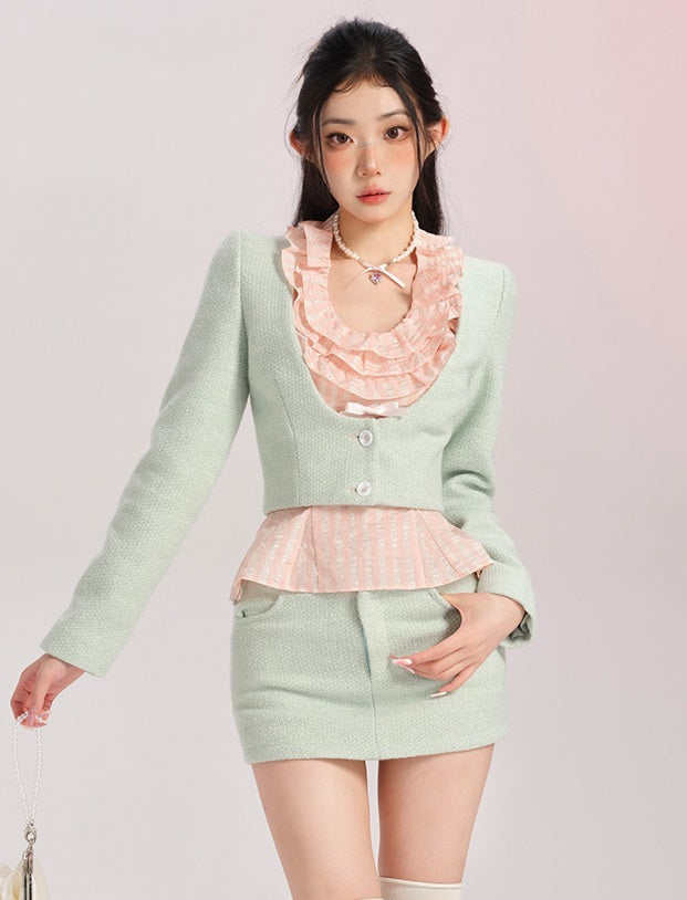 Lucia Classic Coquette Elegant Chic Ruffled Pink Camisole Green Short Jacket Skirt Three Piece Set