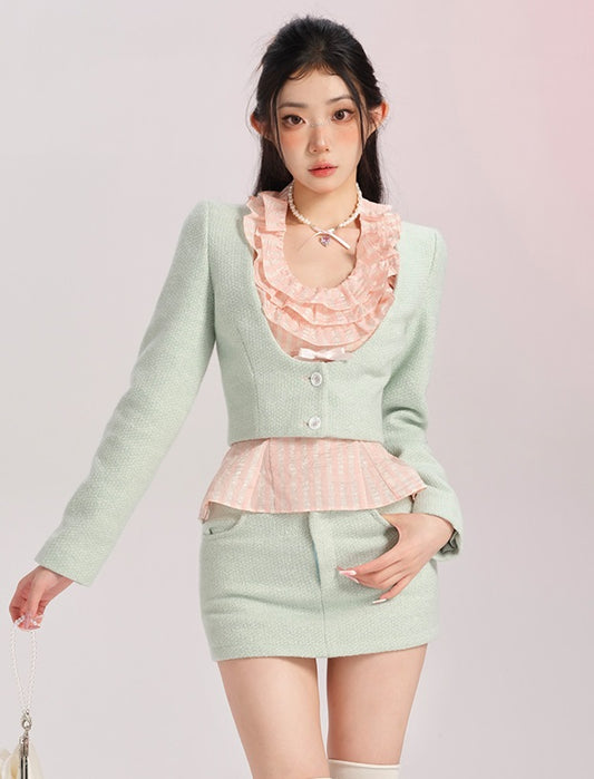 Lucia Classic Coquette Elegant Chic Ruffled Pink Camisole Green Short Jacket Skirt Three Piece Set