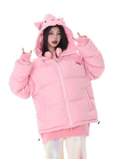 Pink White Blue Cartoon Kitty Cat Winter Thick Padded Puffer Jacket