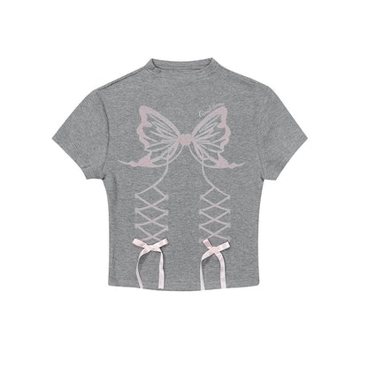 Young Eyes Butterfly Coquette Bow White & Gray Shirt Top