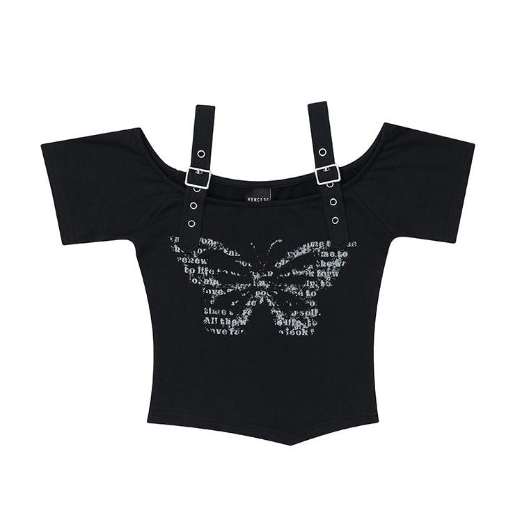 Crazy Girl Butterfly Print Black & White Strap Top