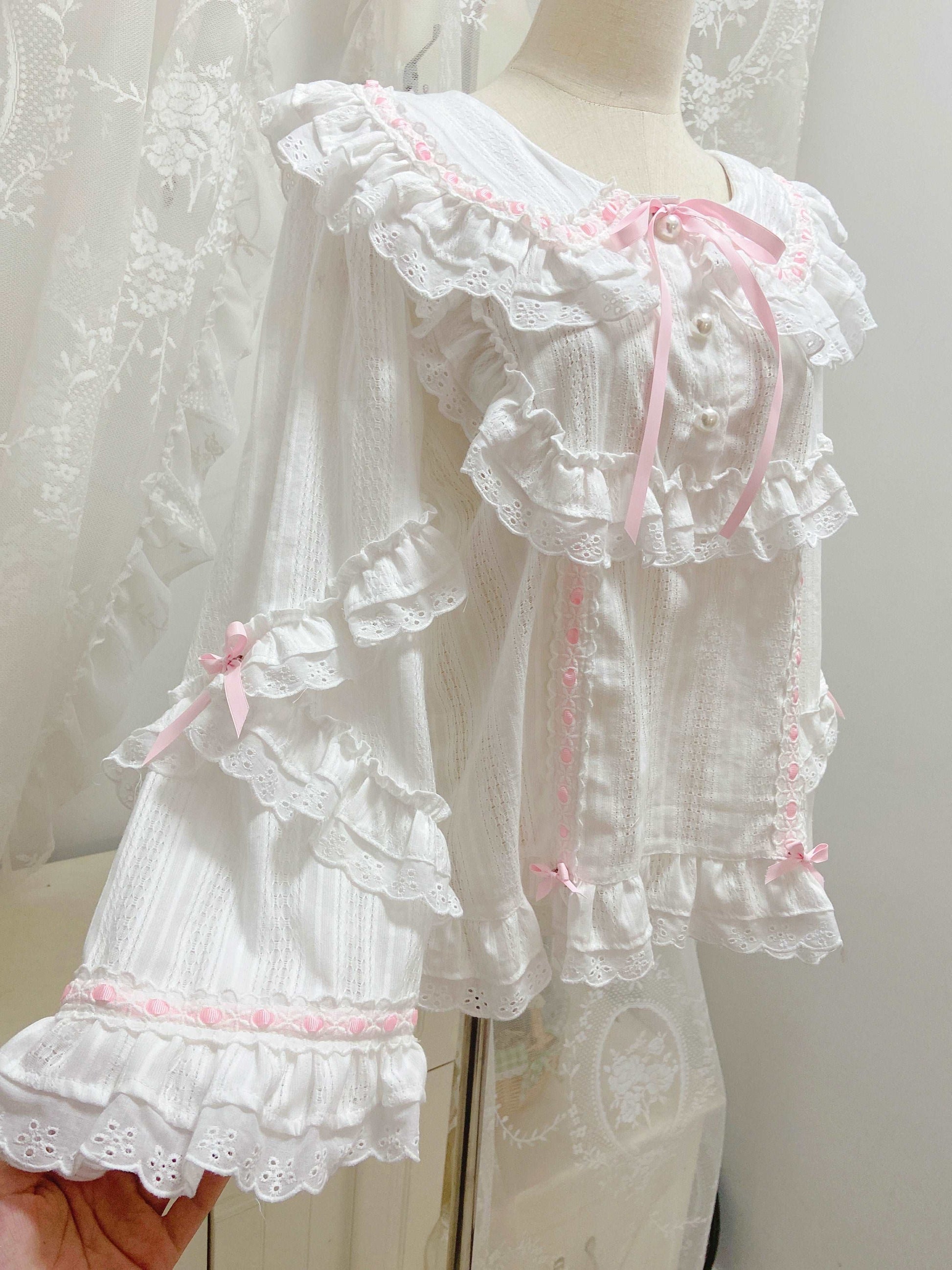 Candy Fairy Lolita White Doll Collar Lace Pink Bow Ruffled Long Sleeve Blouse Shirt