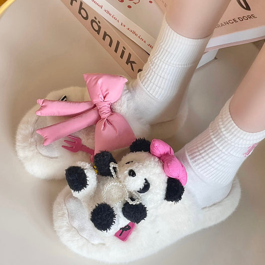 Panda Pink Bows Striped Stars Plush Fluff Slippers Shoes