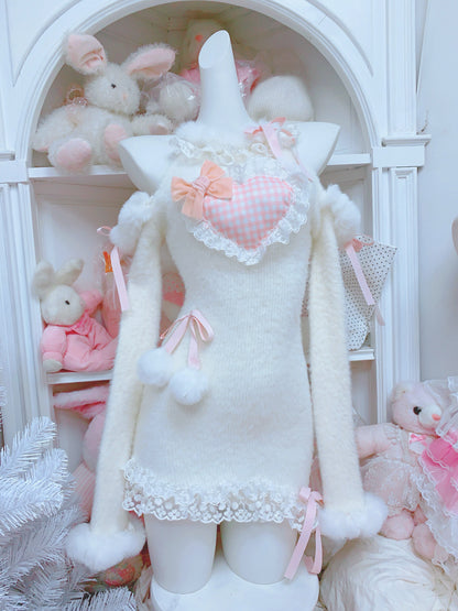 Candy Fairy Plaid Pink Heart Bodycon Fuzzy Dress