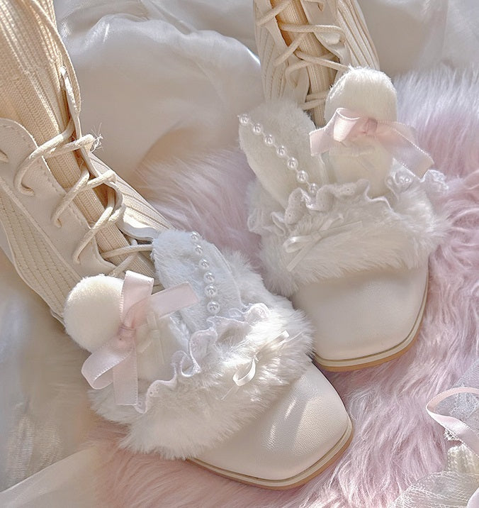 Pinky Rabbit Ears Plush Pearl Knit Coquette Winter Heels Boots Shoes & Lace Balletcore Leg Warmers