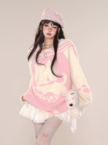 Young Eyes Lazy Cat Sailor Collar Black Brown Pink Fuzzy Sweater