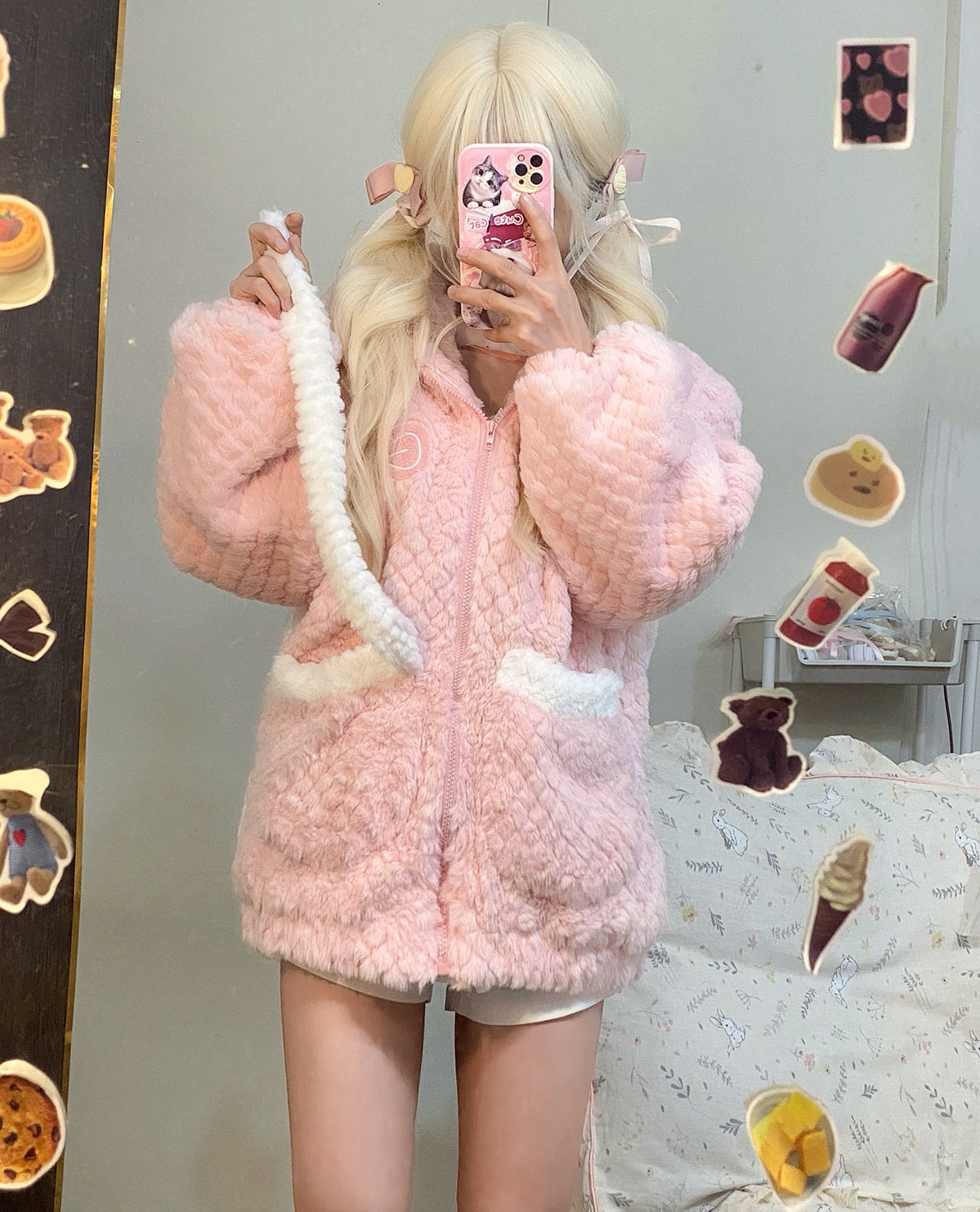 Serendipity Autumn Winter Rabbit Ears Plush Pink Hooded Jacket