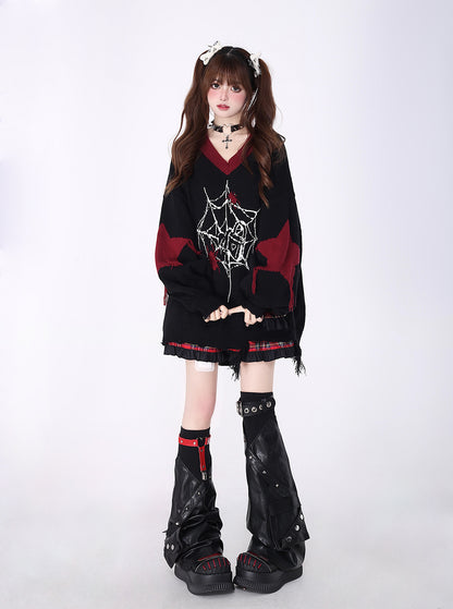 Crazy Girl Love Cycle Spider Web Red Black Sweater Top