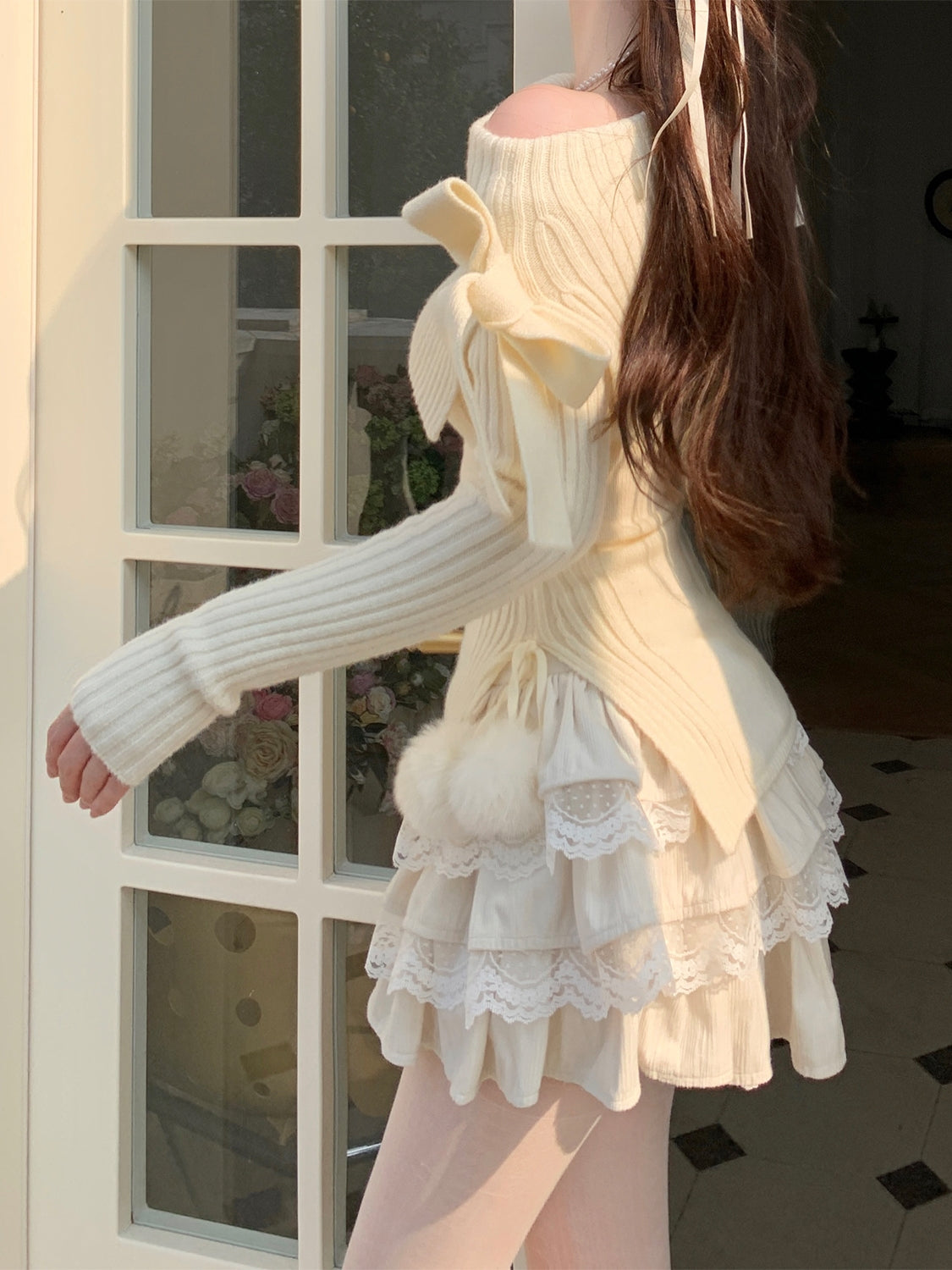 Lazy Girl Coquette Bow Knit Sweater & Ruffled Lace White Mini Skirt Two Piece Set