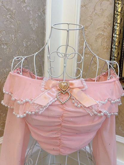 Sweetheart Princess Pink Ruffled Bow Off Shoulder Long Sleeve Shirt