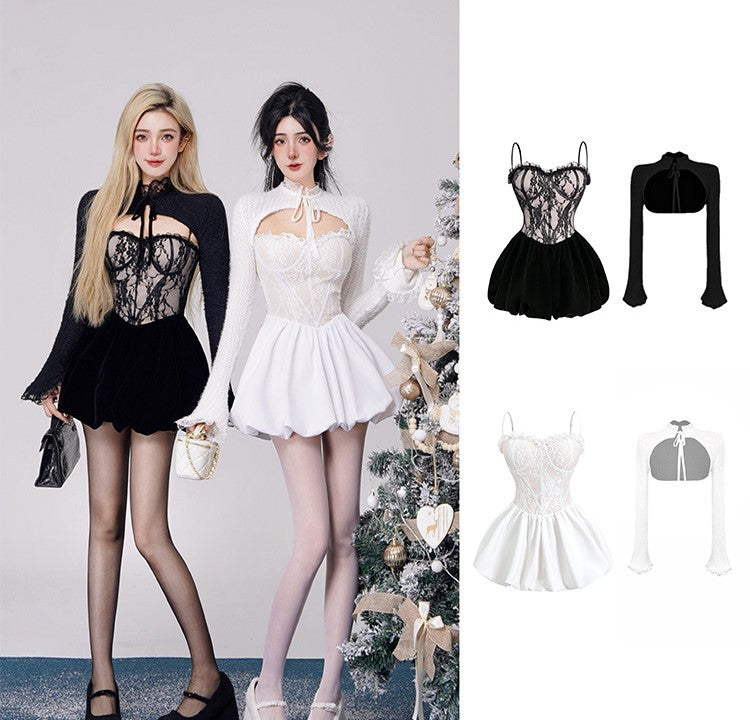 Kiki Lace Sexy Black White Strap Velvet Dress & Cardigan Two Piece Set