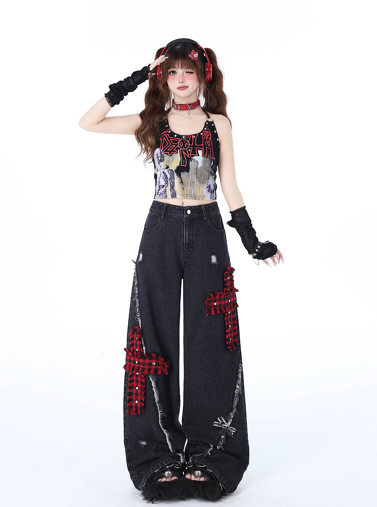 Crazy Girl Street Diary Red Plaid Cross Black Wide Leg Denim Jeans