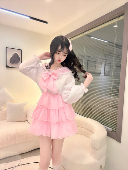 Candy Fairy Cosplay Sailor Collar Bow Sweet Ruffled Pink White Dress