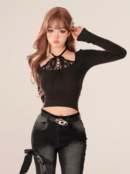 Young Eyes Coquette Sexy Black Pink Lace Halter Neck Slim Fit Shirt Top