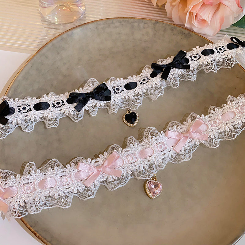 Lace Heart Pendant Pink Black Coquette Necklace Choker Collar