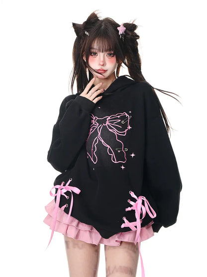 Young Eyes Sweet Bow Ribbon Black Pink Pullover Hoodie