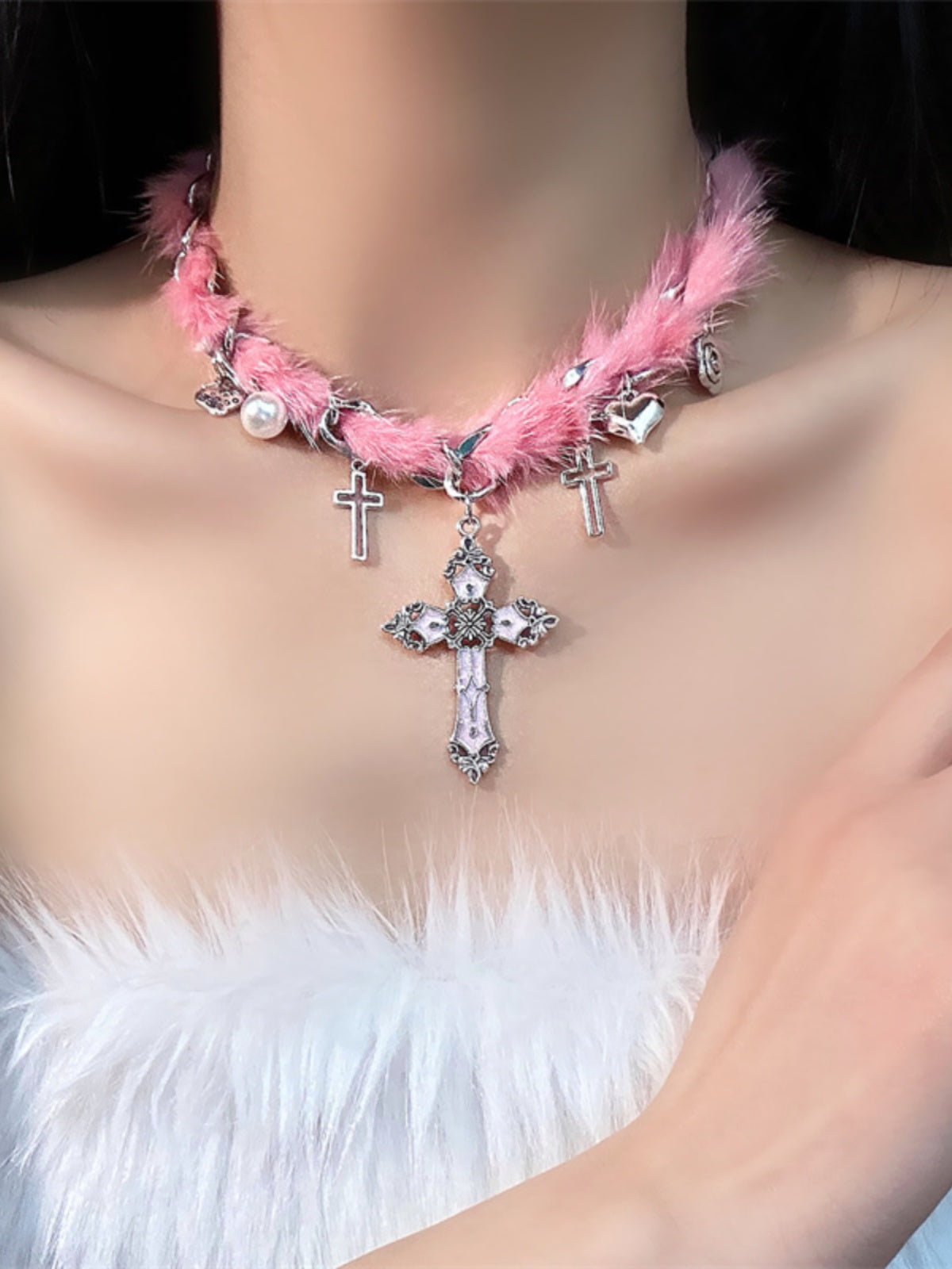 Silver Cross Magic Pink Fur Plush Necklace Collar