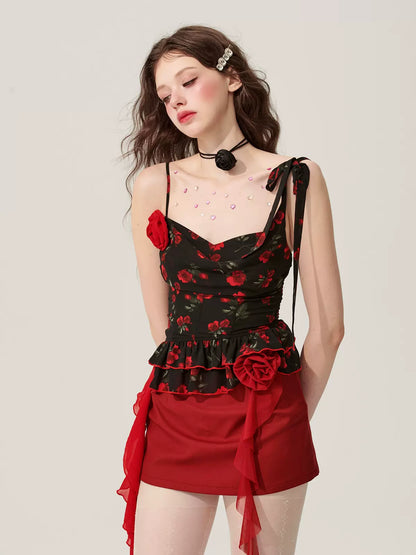 Young Eyes Blazing Rose Black Cami Top & Red Skirt Two Piece Set