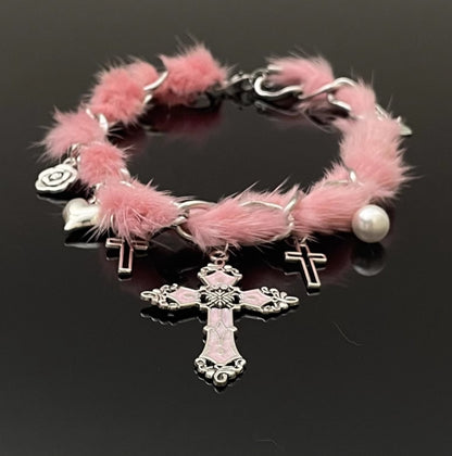 Silver Cross Magic Pink Fur Plush Necklace Collar