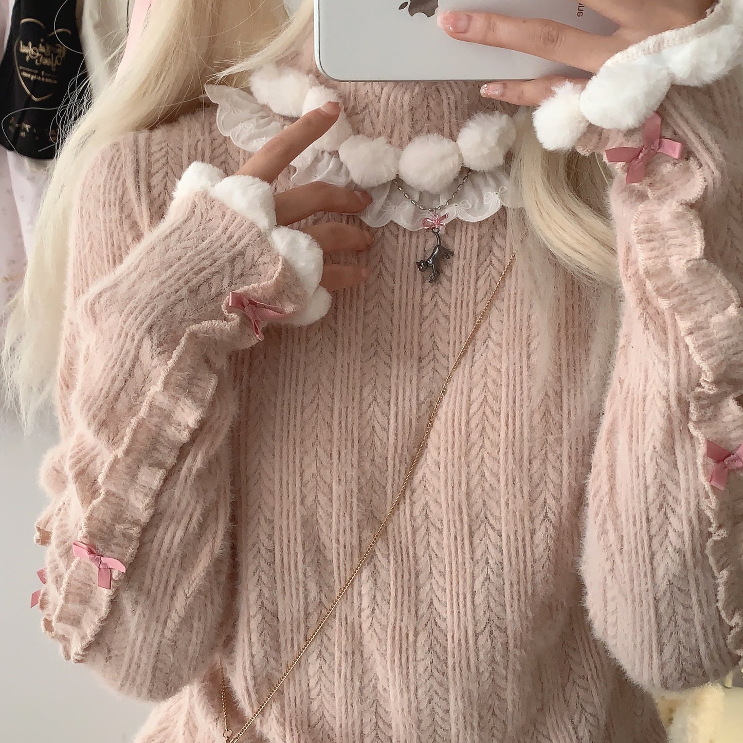 Dormir Doll Winter Puff Fur Ball High Collar Cute Knit Sweater Top