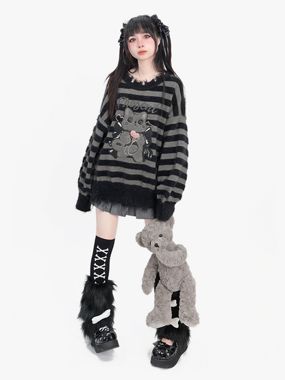 Round Neck Fuzzy Gray Black Striped Cat Sweater