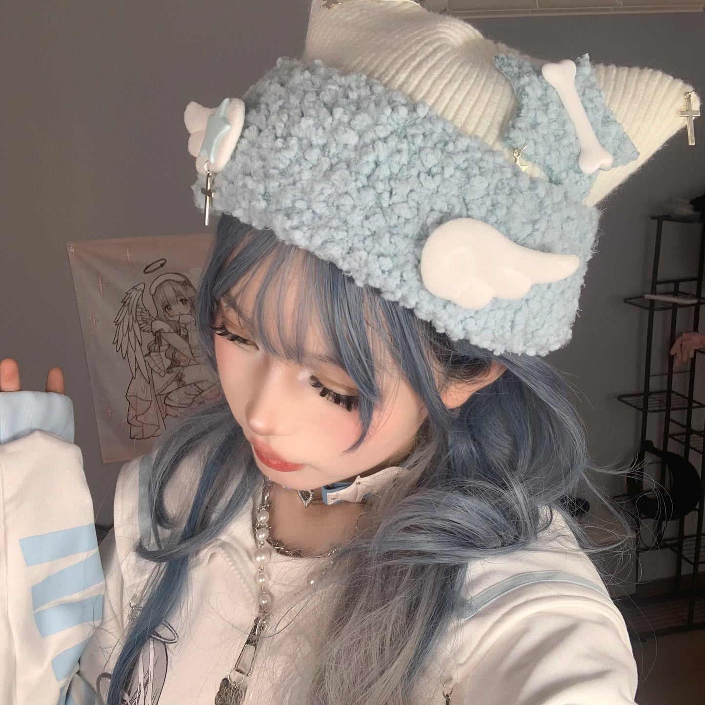 Y2K Star Cross Angel Wings White Cat Ear Knit Soft Pastel Blue Beanie