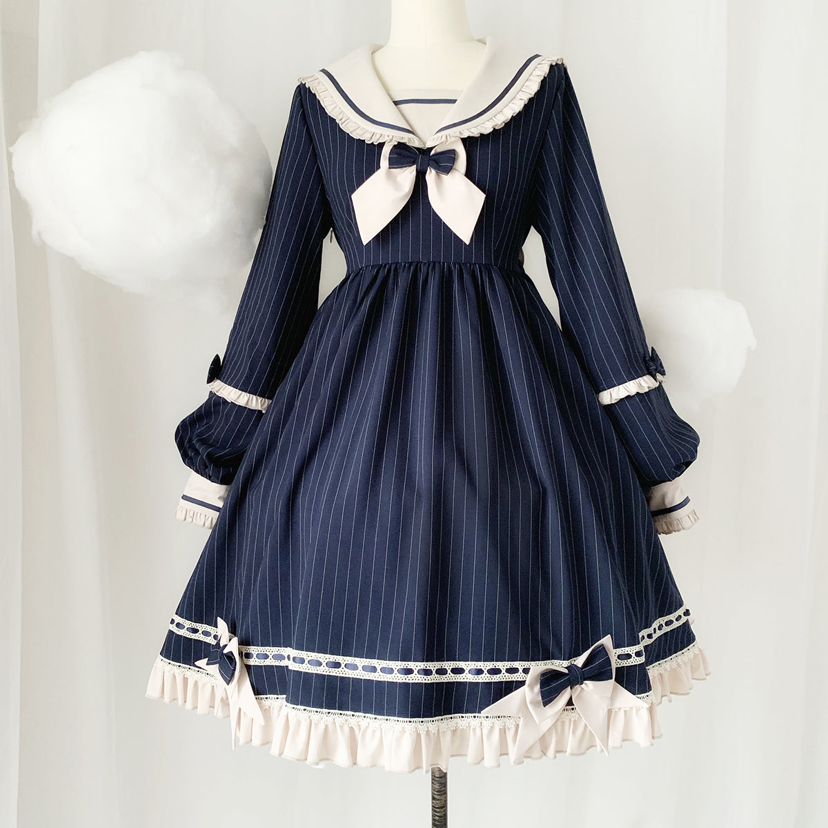 Lolita Sailor Collar Navy Blue & Sky Blue Bow Long Sleeve Dress