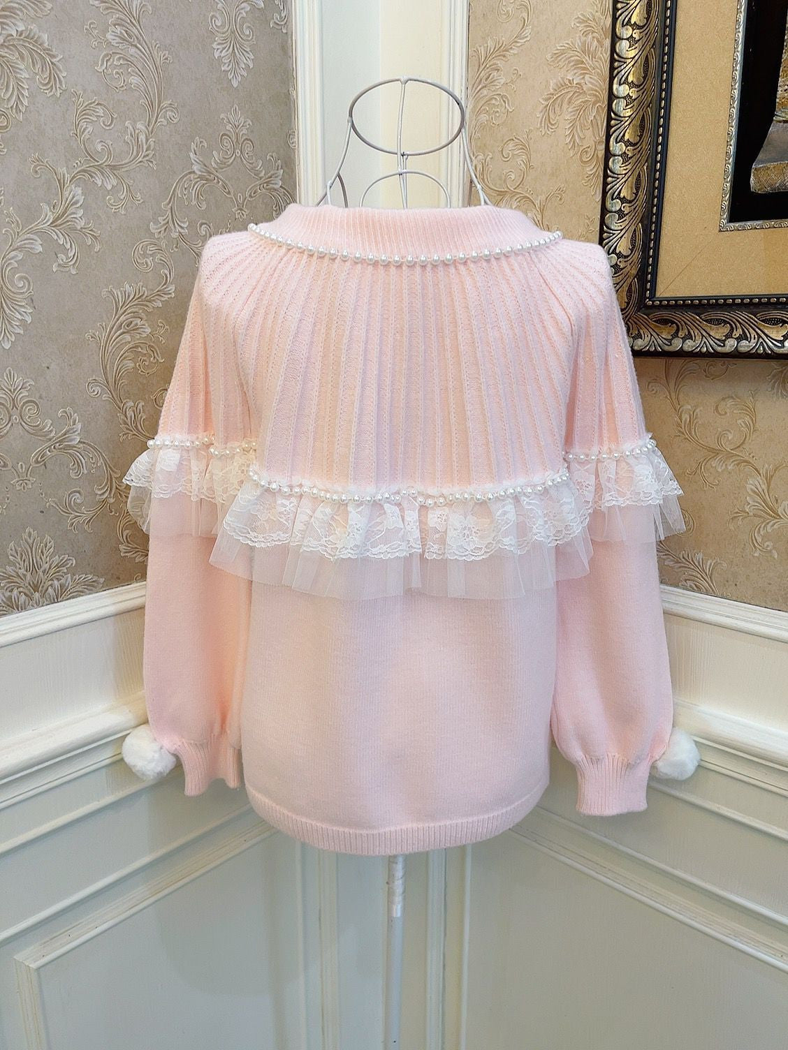Sweetheart Princess Pearl Lace Furball Pink Knit Loose Sweater