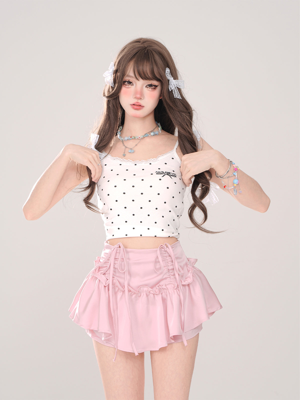 Young Eyes Coquette Swan Cream Pink Ruffle Short Skirt