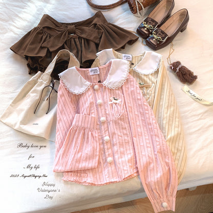 Dormir Doll Dachshund Puppy Bengal Stripe Doll Collar Cream Pink Shirt & Brown Shorts Two Piece Set