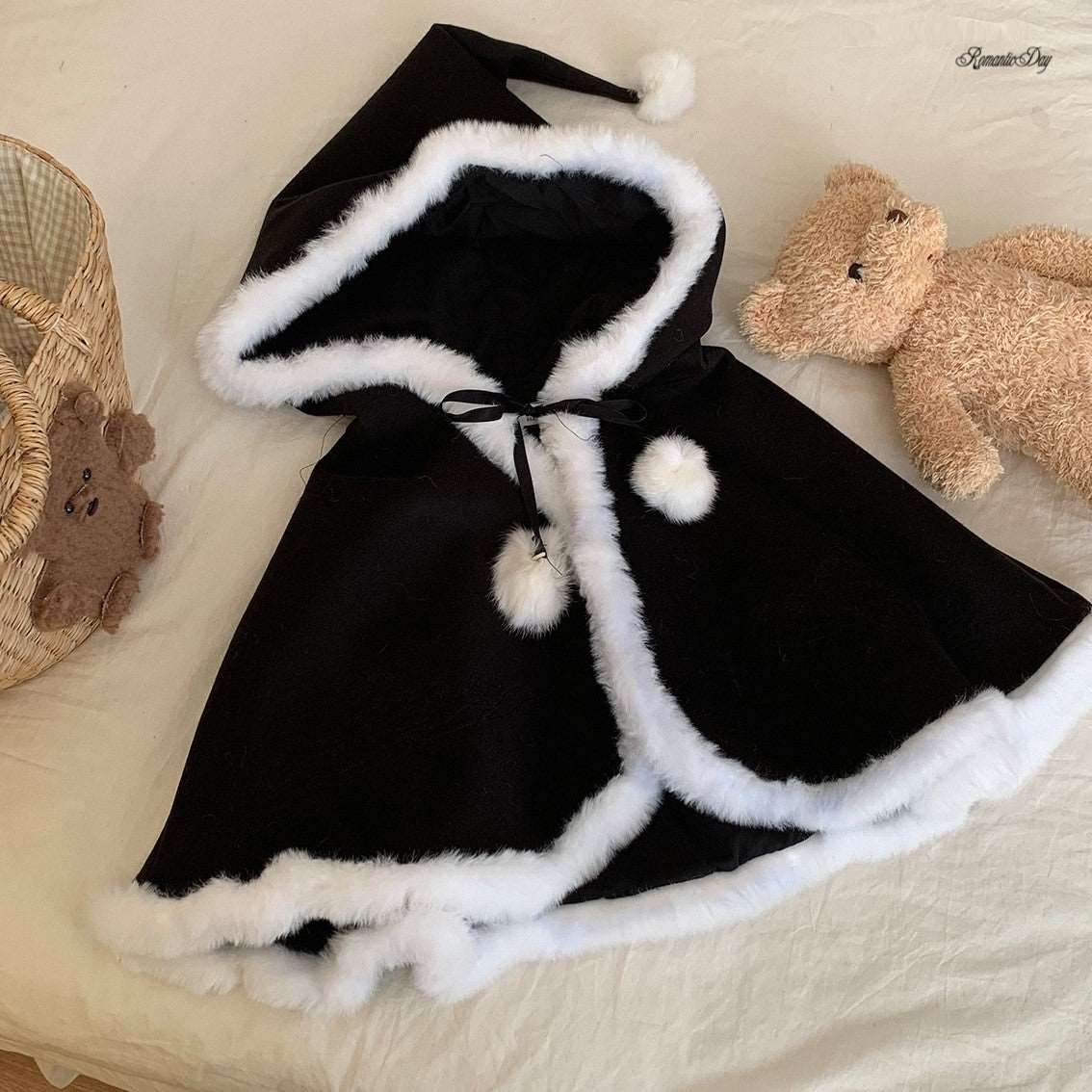 Dormir Doll Winter Lolita Black White Pompom Balls Hooded Cape Cloak