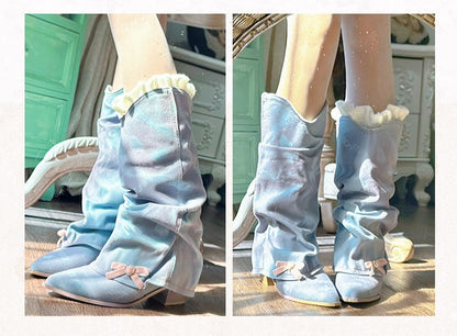 Pinky Blue Purple Coquette Style Bow Retro Denim Western Boots